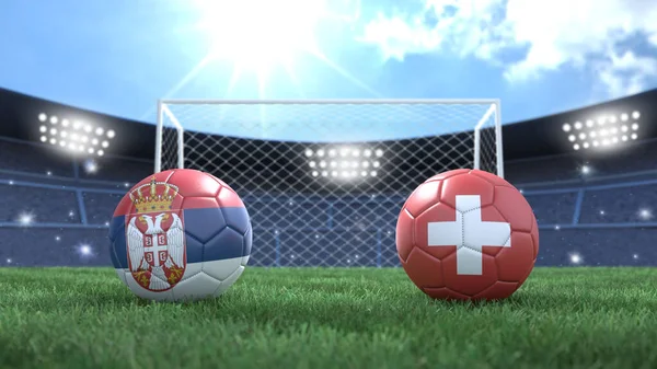 スタジアムの明るい背景にフラグの色の2つのサッカーボールがぼやけている セルビアとスイス 3D画像 — ストック写真