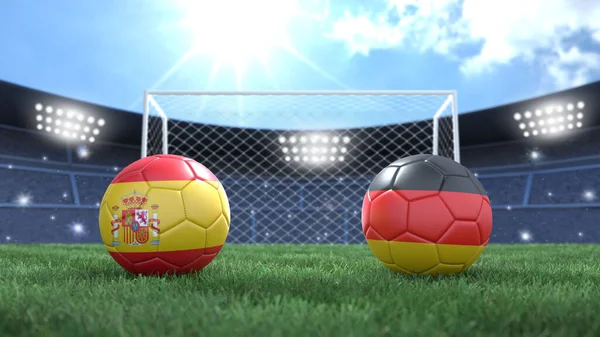 Två Fotboll Bollar Flaggor Färger Stadion Ljusa Suddig Bakgrund Spanien — Stockfoto