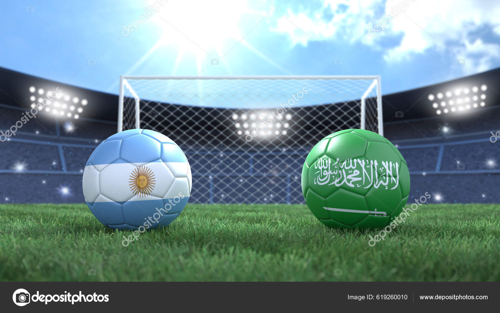 Kaksi Jalkapalloa Liput Värit Stadionilla Kirkas Hämärtynyt Tausta  Argentiina Saudi — valokuva © Alexandra_Strekoza #619260010