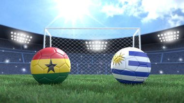 Stadyumun parlak arka planında bayraklı iki futbol topu. Gana ve Uruguay. 3d resim