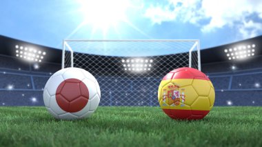 Stadyumun parlak arka planında bayraklı iki futbol topu. Japonya ve İspanya. 3d resim