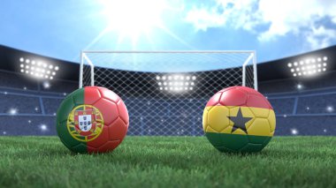 Stadyumun parlak arka planında bayraklı iki futbol topu. Portekiz ve Gana. 3d resim