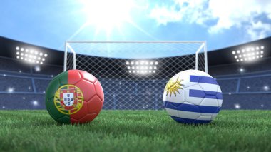 Stadyumun parlak arka planında bayraklı iki futbol topu. Portekiz ve Uruguay. 3d resim