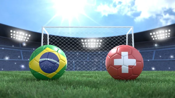 Två Fotboll Bollar Flaggor Färger Stadion Ljusa Suddig Bakgrund Brasilien — Stockfoto