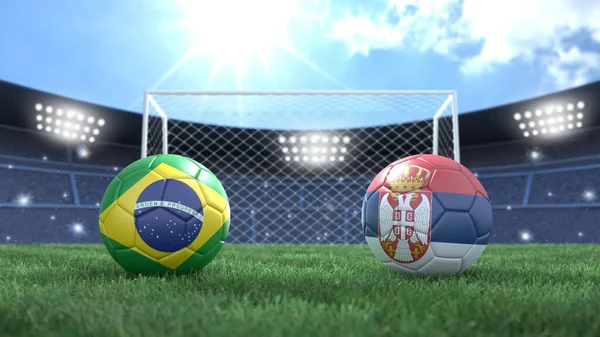 Två Fotboll Bollar Flaggor Färger Stadion Ljusa Suddig Bakgrund Brasilien — Stockfoto