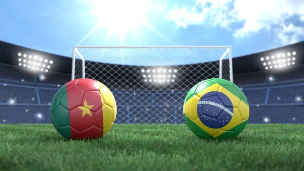 Duas Bolas Futebol Bandeiras Cores Estádio Fundo Embaçado Brilhante Camarões — Fotografia de Stock