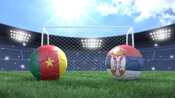 Duas Bolas Futebol Bandeiras Cores Estádio Fundo Embaçado Brilhante Camarões — Fotografia de Stock