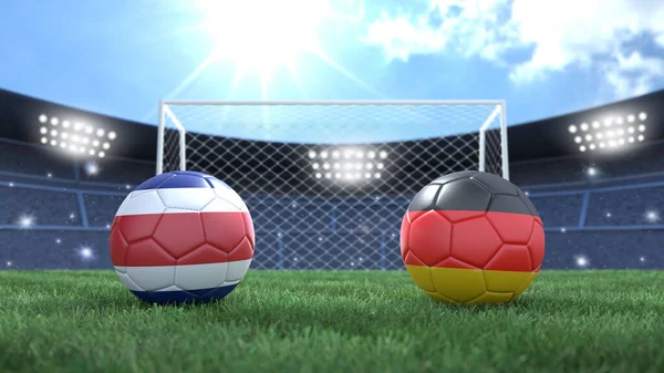 Два Футбольных Мяча Цветах Флагов Стадионе Ярко Размыты Фоне Коста — стоковое фото