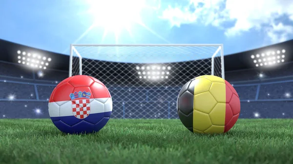 Två Fotboll Bollar Flaggor Färger Stadion Ljusa Suddig Bakgrund Kroatien — Stockfoto