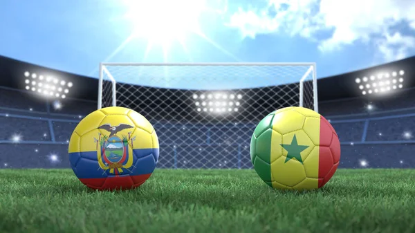 スタジアムの明るい背景にフラグの色の2つのサッカーボールがぼやけている エクアドルとセネガル 3D画像 — ストック写真