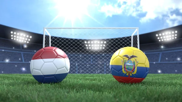 Duas Bolas Futebol Bandeiras Cores Estádio Fundo Embaçado Brilhante Países — Fotografia de Stock