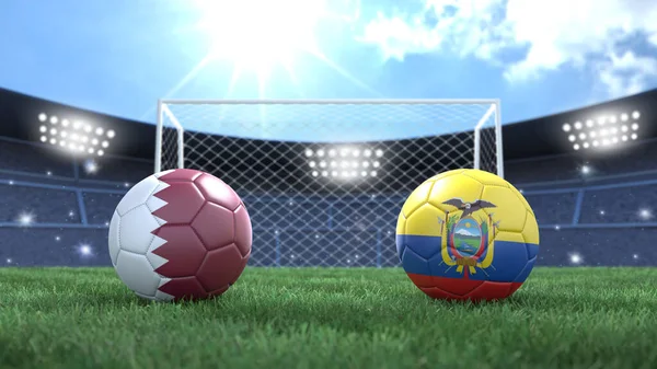 スタジアムの明るい背景にフラグの色の2つのサッカーボールがぼやけている カタールとエクアドル 3D画像 — ストック写真