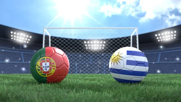 Duas Bolas Futebol Bandeiras Cores Estádio Fundo Embaçado Brilhante Portugal — Fotografia de Stock