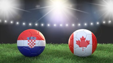 Stadyumdaki bayraklı iki futbol topu bulanık arka planda. Hırvatistan Kanada 'ya karşı. 3d resim