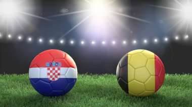 Stadyumdaki bayraklı iki futbol topu bulanık arka planda. Hırvatistan Belçika 'ya karşı. 3d resim