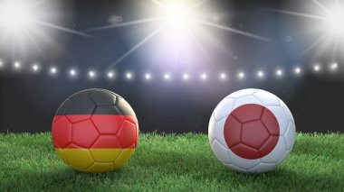 Stadyumdaki bayraklı iki futbol topu bulanık arka planda. Almanya Japonya 'ya karşı. 3d resim