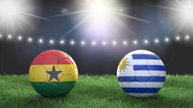 Stadyumdaki bayraklı iki futbol topu bulanık arka planda. Gana, Uruguay 'a karşı. 3d resim