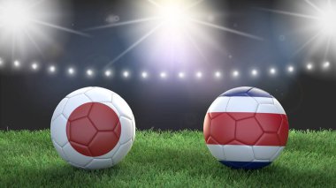 Stadyumdaki bayraklı iki futbol topu bulanık arka planda. Japonya Kosta Rika 'ya karşı. 3d resim