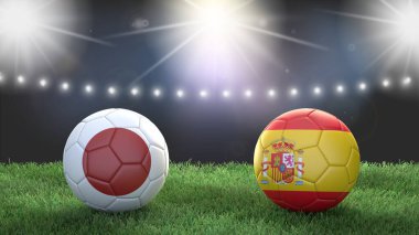 Stadyumdaki bayraklı iki futbol topu bulanık arka planda. Japonya İspanya 'ya karşı. 3d resim