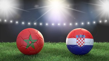 Stadyumdaki bayraklı iki futbol topu bulanık arka planda. Fas Hırvatistan 'a karşı. 3d resim