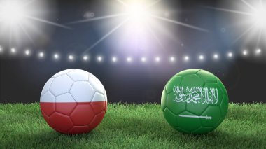 Stadyumdaki bayraklı iki futbol topu bulanık arka planda. Polonya Suudi Arabistan 'a karşı. 3d resim