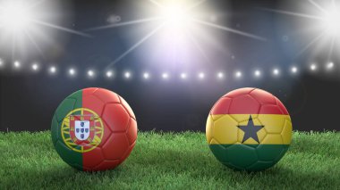 Stadyumdaki bayraklı iki futbol topu bulanık arka planda. Portekiz Gana 'ya karşı. 3d resim