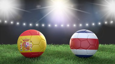 Stadyumdaki bayraklı iki futbol topu bulanık arka planda. İspanya Kosta Rika 'ya karşı. 3d resim