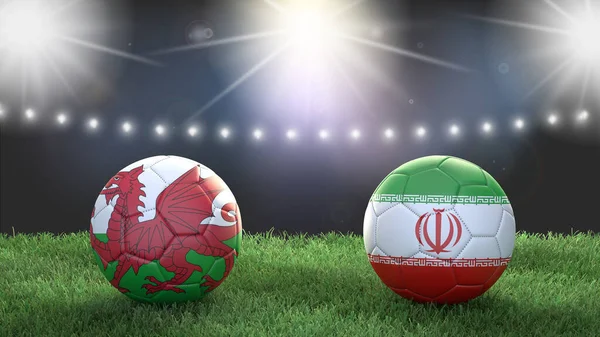 Two soccer balls in flags colors on stadium blurred background. Wales vs Iran. 3d image