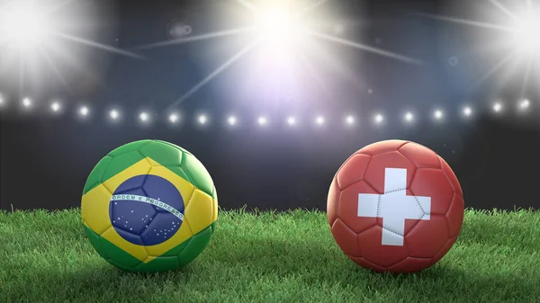 Duas Bolas Futebol Bandeiras Cores Estádio Desfocado Fundo Brasil Suíça — Fotografia de Stock