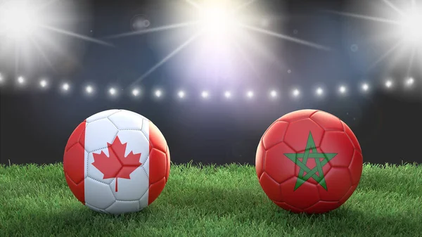 Two soccer balls in flags colors on stadium blurred background. Canada vs Morocco. 3d image