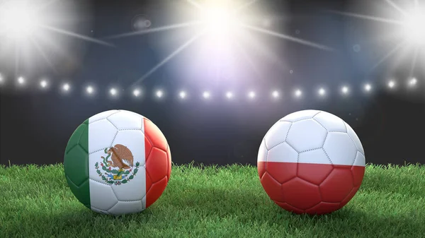 Two soccer balls in flags colors on stadium blurred background. Mexico vs Poland. 3d image