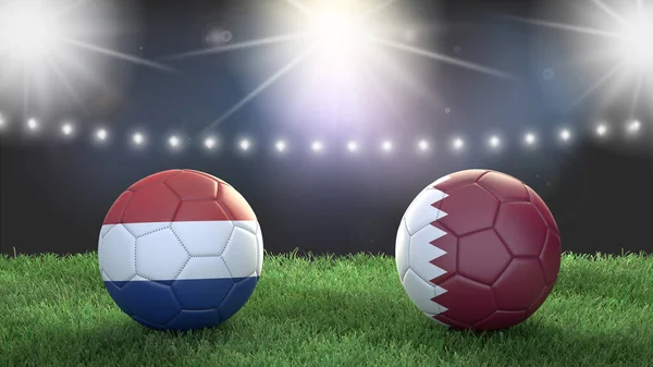 Two soccer balls in flags colors on stadium blurred background. Netherlands vs Qatar. 3d image