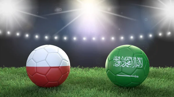 Two soccer balls in flags colors on stadium blurred background. Poland vs Saudi Arabia. 3d image
