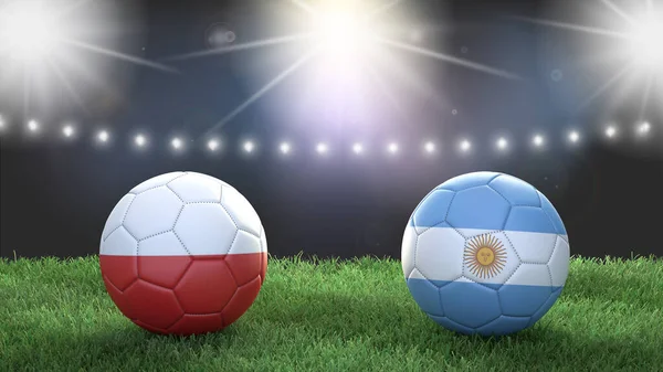 Two soccer balls in flags colors on stadium blurred background. Poland vs Argentina. 3d image