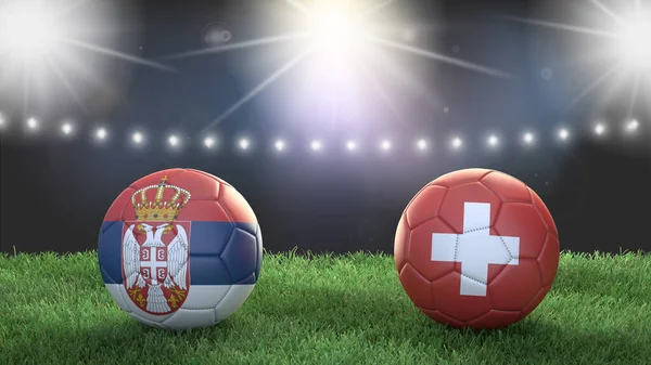 Duas Bolas Futebol Bandeiras Cores Estádio Desfocado Fundo Sérvia Suíça — Fotografia de Stock
