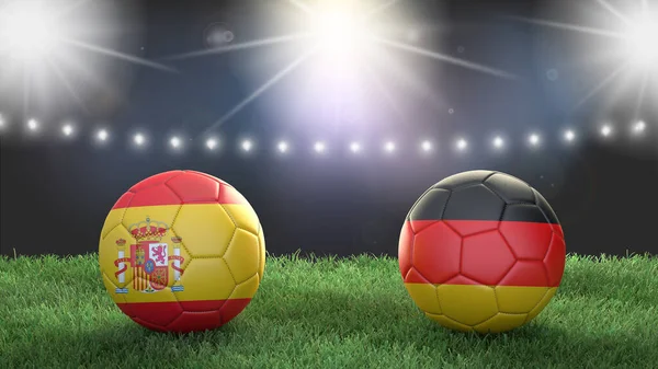 Duas Bolas Futebol Bandeiras Cores Estádio Desfocado Fundo Espanha Alemanha — Fotografia de Stock