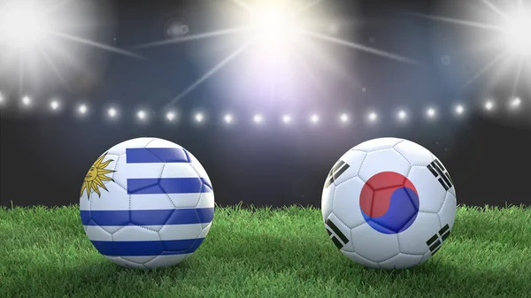 Két Focilabda Zászlók Színek Stadion Elmosódott Háttér Uruguay Kontra Dél — Stock Fotó