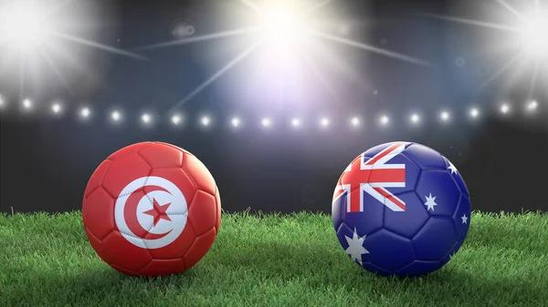 Two soccer balls in flags colors on stadium blurred background. Tunisia vs Australia. 3d image