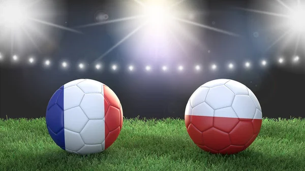 Twee Voetbal Ballen Vlaggen Kleuren Stadion Wazig Achtergrond Frankrijk Tegen Stockfoto