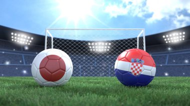 Stadyumdaki bayraklı iki futbol topu bulanık arka planda. Japonya Hırvatistan 'a karşı. 3d resim
