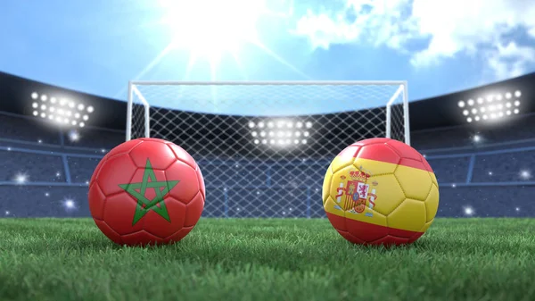 Duas Bolas Futebol Bandeiras Cores Estádio Desfocado Fundo Marrocos Espanha — Fotografia de Stock