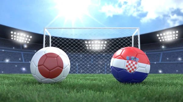 Twee Voetbal Ballen Vlaggen Kleuren Stadion Wazig Achtergrond Japan Tegen Stockafbeelding