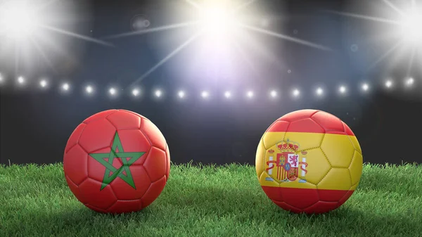 Två Fotboll Bollar Flaggor Färger Stadion Suddig Bakgrund Marocko Mot Stockbild
