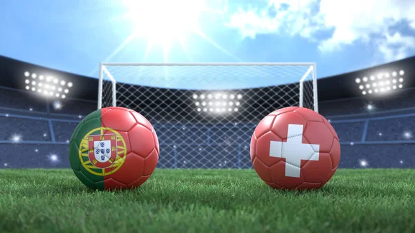 Duas Bolas Futebol Bandeiras Cores Estádio Desfocado Fundo Portugal Suíça — Fotografia de Stock