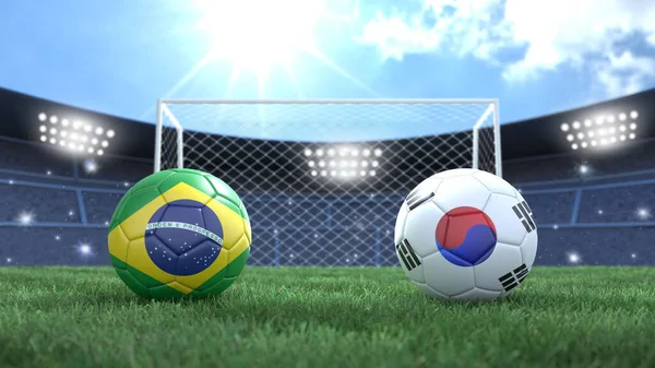 Twee Voetbal Ballen Vlaggen Kleuren Stadion Wazig Achtergrond Brazilië Zuid Rechtenvrije Stockfoto's