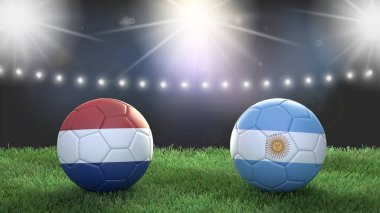 Stadyumun parlak arka planında bayraklı iki futbol topu. Hollanda ve Arjantin. 3d resim