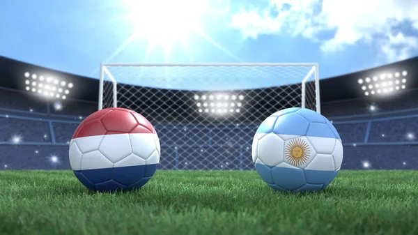 Twee Voetbal Ballen Vlaggen Kleuren Stadion Heldere Wazig Achtergrond Nederland Stockafbeelding