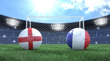 Stadyumdaki bayraklı iki futbol topu bulanık arka planda. İngiltere Fransa 'ya karşı. 3d resim