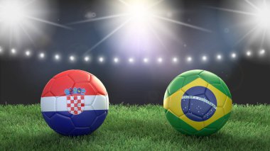 Stadyumdaki bayraklı iki futbol topu bulanık arka planda. Hırvatistan Brezilya 'ya karşı. 3d resim