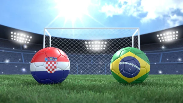 Två Fotboll Bollar Flaggor Färger Stadion Suddig Bakgrund Kroatien Mot — Stockfoto